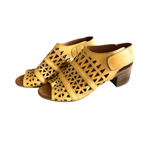 SPRING STEP Dorotha Size EU 39/8.5 Yellow Leather Laser Cut-Out Heeled Sandals